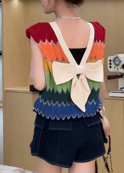 Rainbow Striped V Neck Bow Patchwork Knit Top Summer