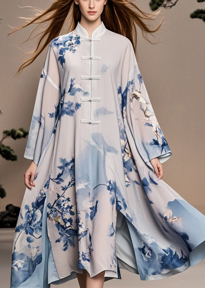 White Print Chinese Button Side Open Chiffon Oriental Dress Fall