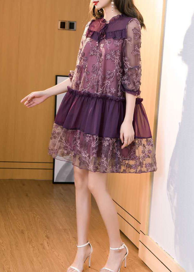 Purple Embroidered Patchwork Chiffon Mini Dress Summer