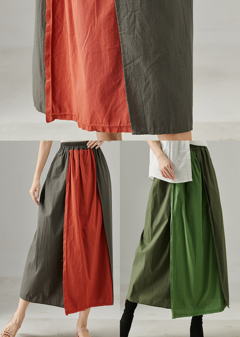 Red Elastic Waist Patchwork Cotton Skirts Spring
