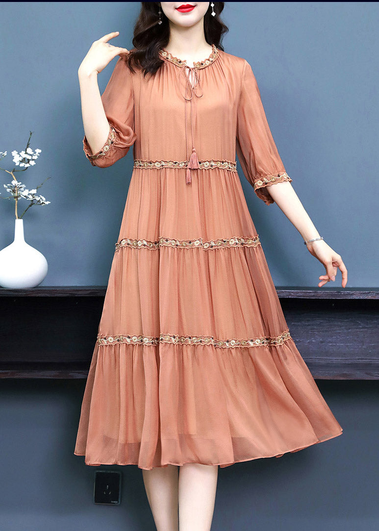 Orange O-neck Embroideried Silk Long Dress Summer