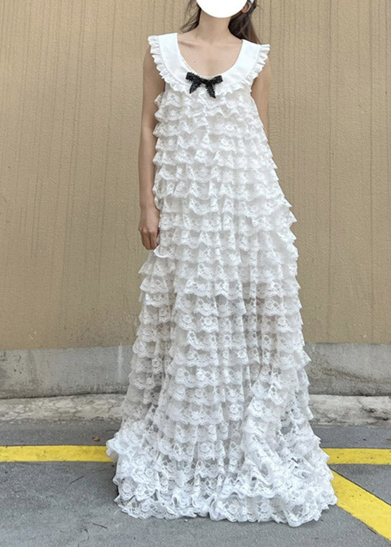 White O-neck Bow Lace Layered Long Dress Spring