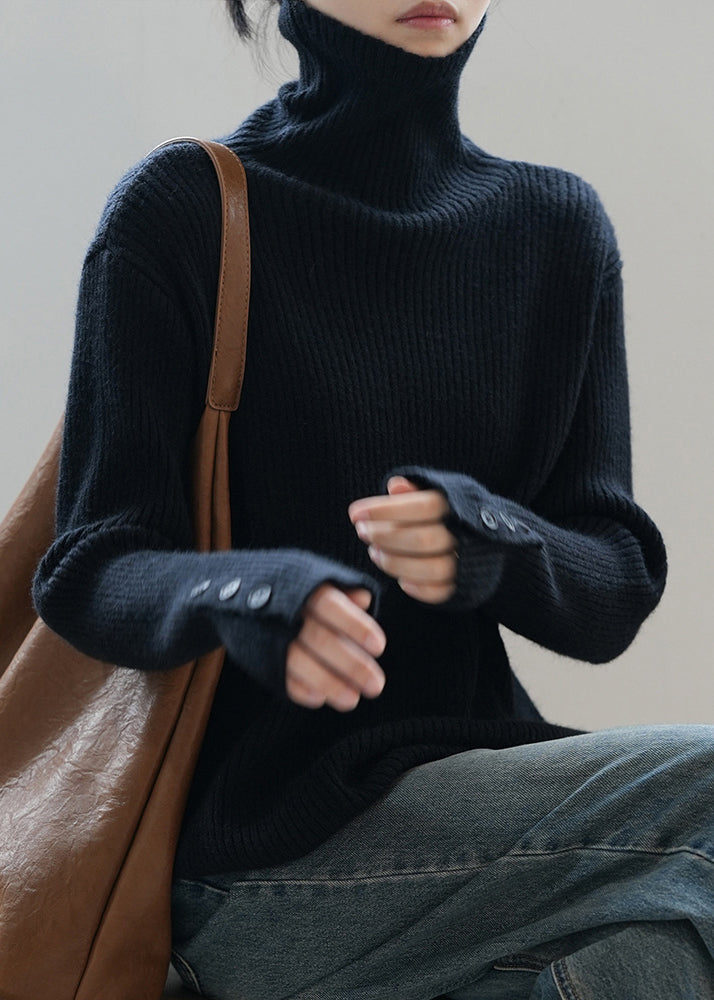 Boutique Camel Hign Neck Button Thick Knit Sweaters Fall