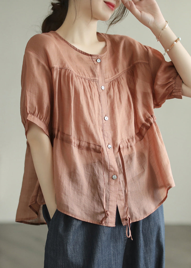 Green O-neck Patchwork Wrinkled Tie Waist Ramie Shirt Short Sleeve