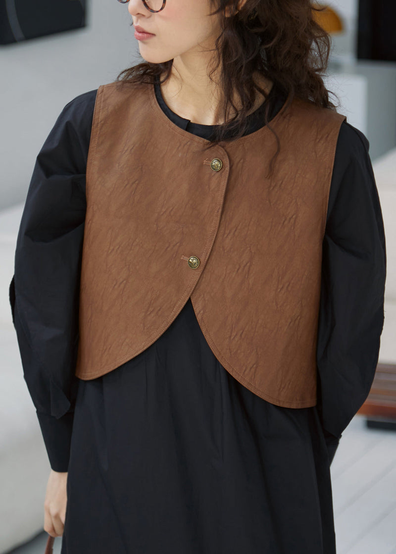 Coffee O-neck Button Faux Leather Waistcoat Fall