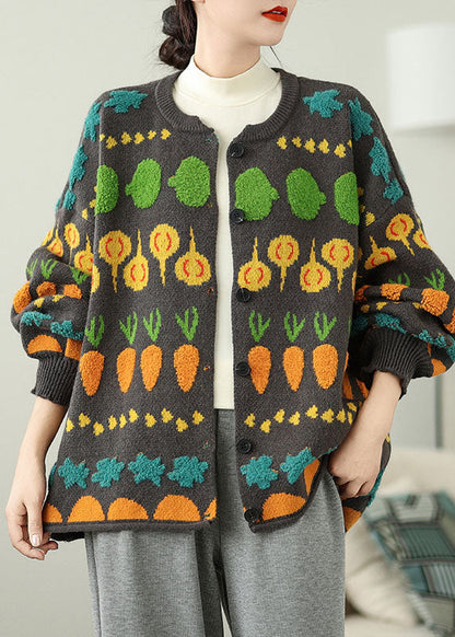 Grey O Neck Embroidered Knit Loose Coat Spring