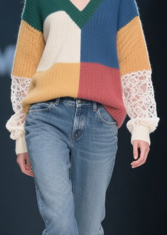 Multicolor V Neck Patchwork Lace Knit Pullover Fall