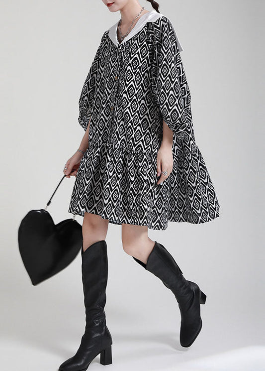 Black Button Patchwork Asymmetrical Design Puff Sleeve Fall Dresses