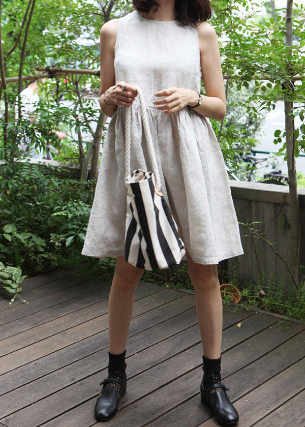 Beige O-neck Wrinkled Cotton Vacation Dress Summer