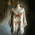 Women's Butterfly And Dragonfly Embroidery Linen Art V-neck Shirt artswardrobe