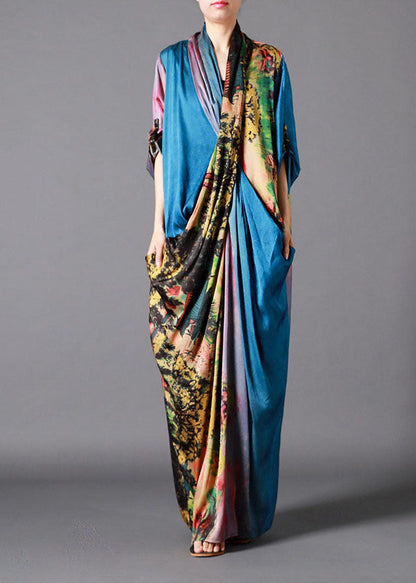 French Blue Asymmetrical Design Print Fall Half Sleeve Long Dresses