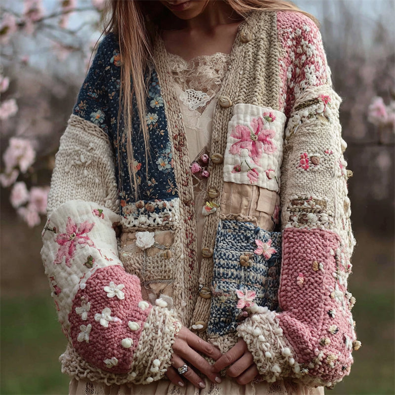Cherry Blossom Embroidered Japanese Sashiko Patchwork Cozy Knit Cardigan