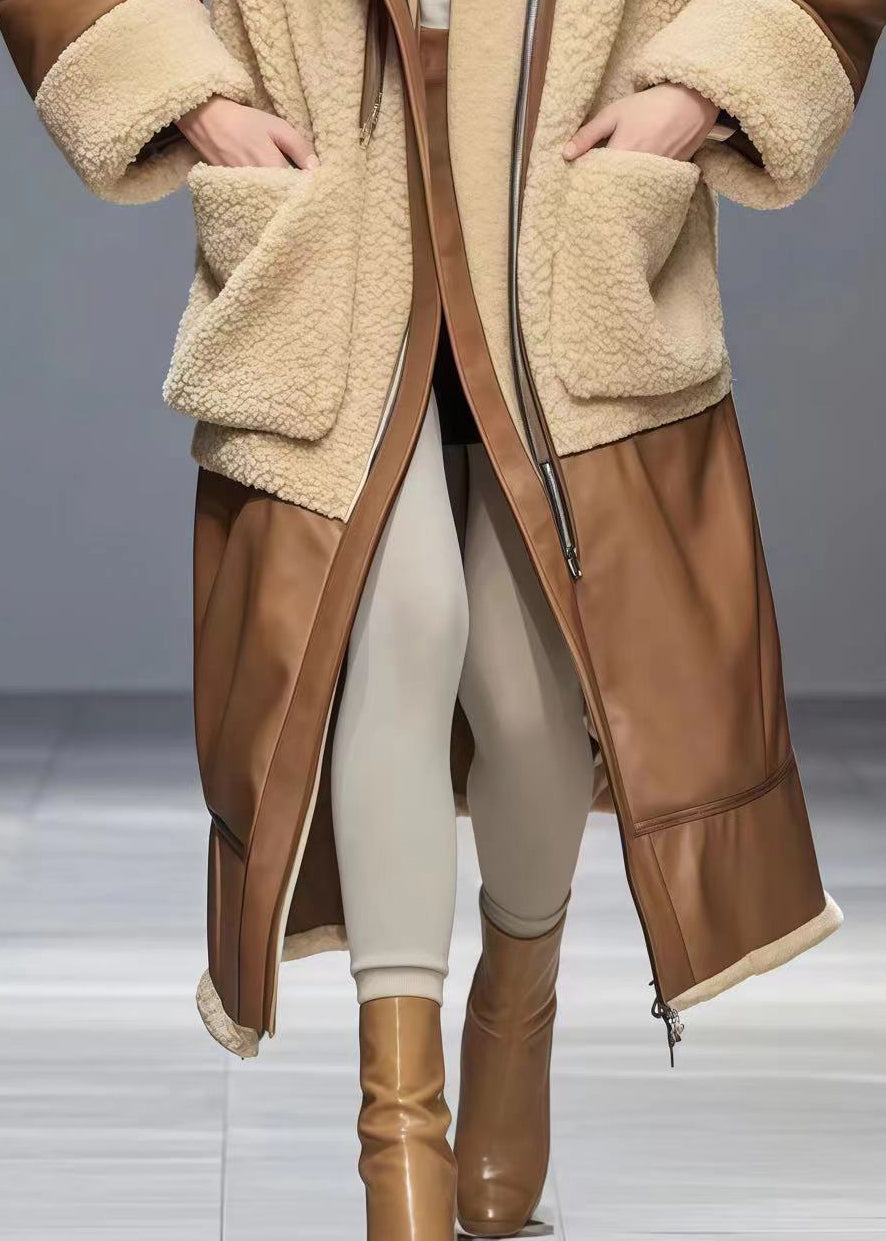 Apricot Oversized Patchwork Fuzzy Fur Coats Winter