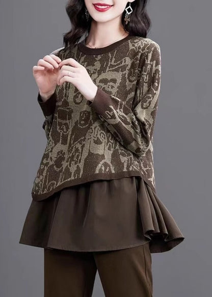 Print Fake Two Pieces Cotton Knit Sweater Winter