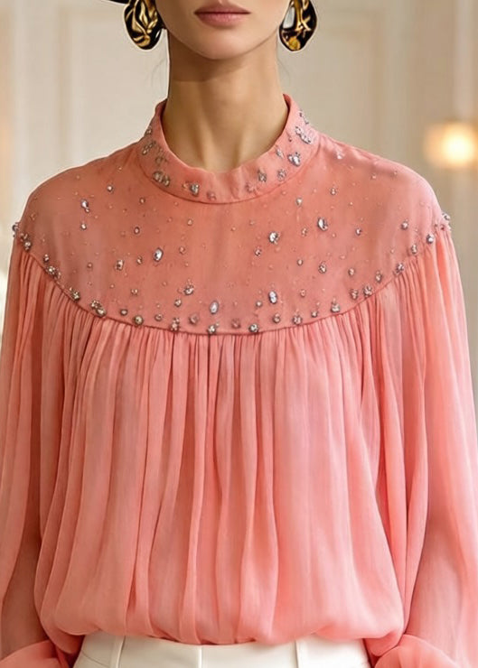 Loose Orange Zircon Wrinkled Tulle Blouses Top Lantern Sleeve Spring