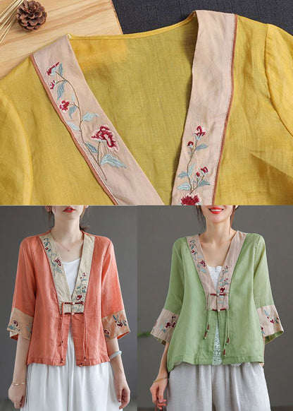 Yellow V Neck Embroideried Cotton Linen Blouse Tops Bracelet Sleeve