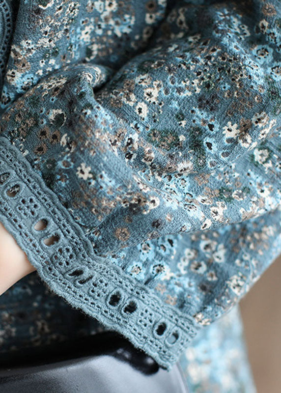 Blue Button Print Fall Dress Long Sleeve