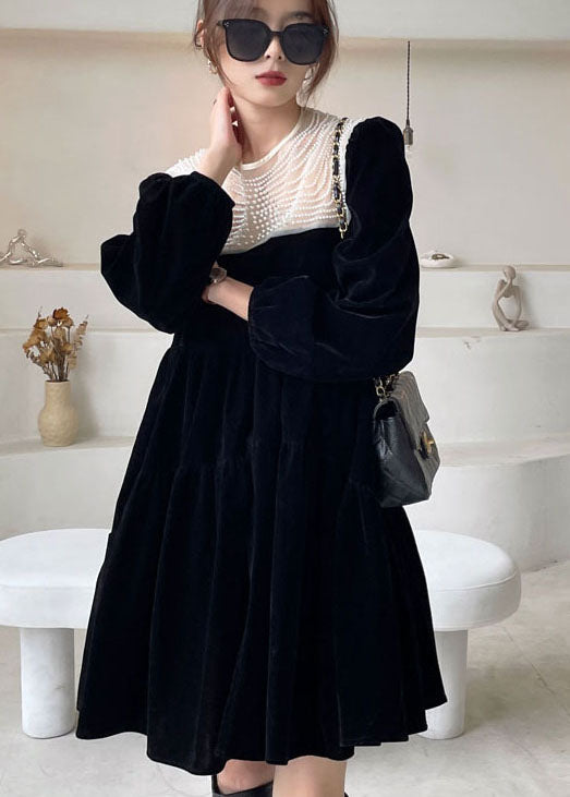 Black O-neck Nail Bead Velour Vacation Dress Spring