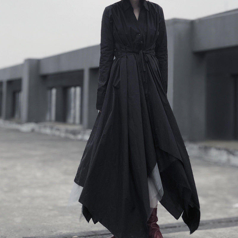 Black Tunic Pattern V Neck Asymmetric Robe Spring Dress