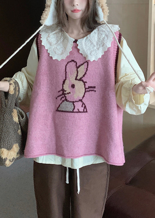New Pink O-neck Waistcoat and Blouses Cotton Knit Two Pieces Set Fall