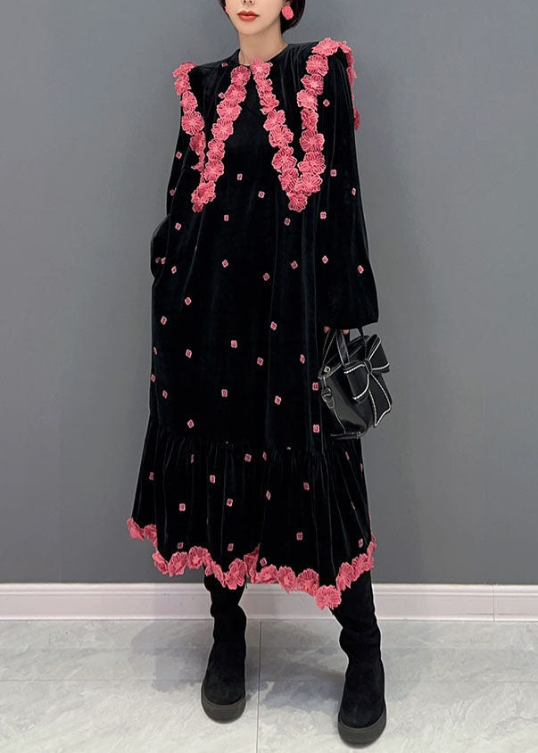 French Black O Neck Silk Velour Maxi Dress Winter