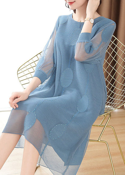 Blue Dot Embroideried Tulle Holiday Maxi Dress Fall