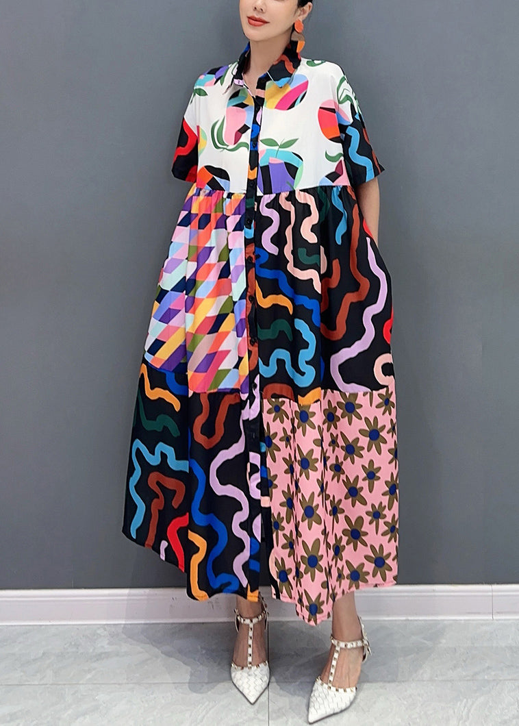 Photo Color Button Print Pockets Cotton Shirt Dress Summer