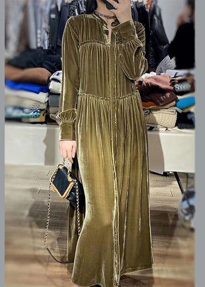 Green Button Ruffled Silk Velour Shirts Long Dresses Fall