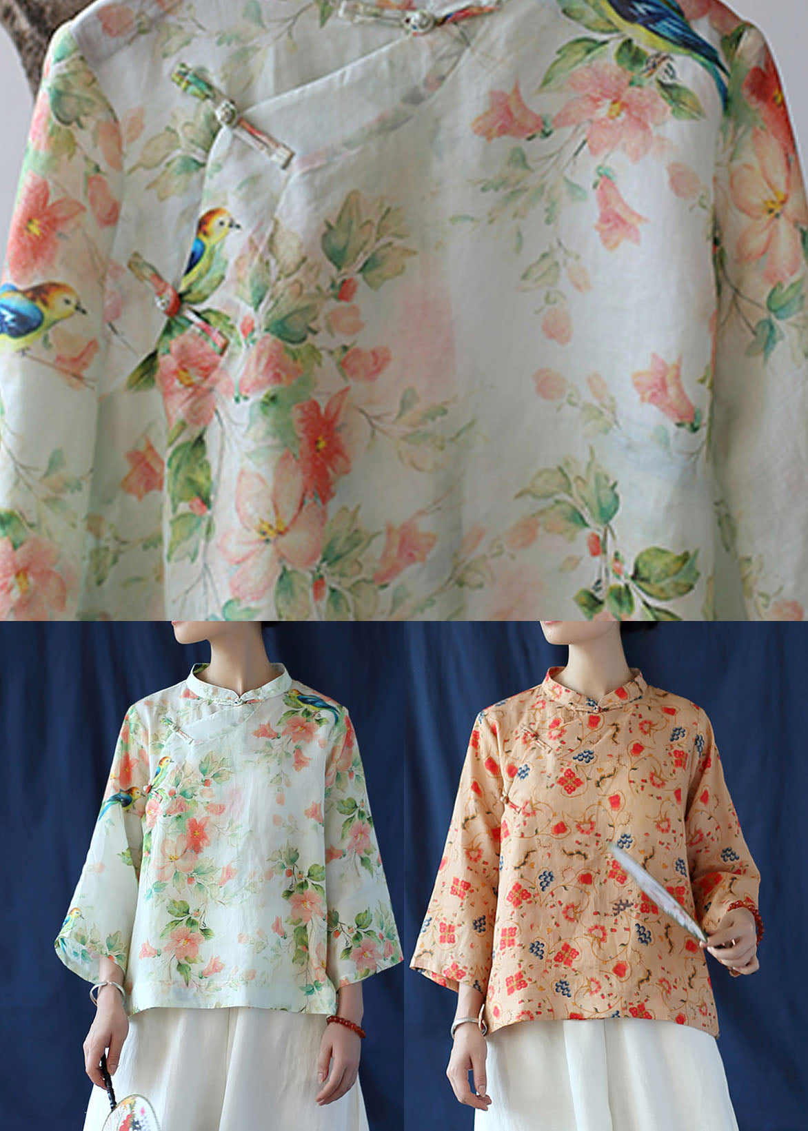 Beige Linen Shirt Top Stand Collar Low High Design Three Quarter Sleeve