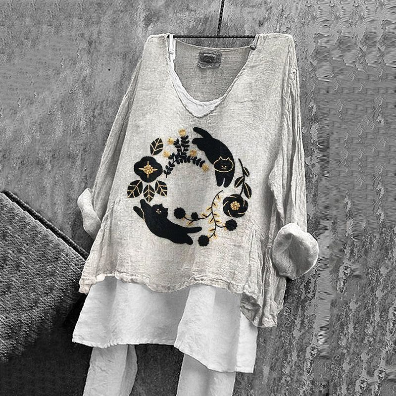 Comstylish Women's Vintage Black Cat Embroidery Pattern Comfortable Shirt