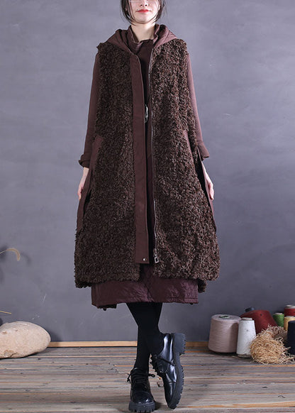 Chocolate Faux Fur Beach Vest Zip Up Sleeveless