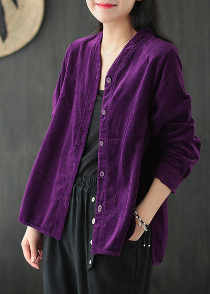 Purple V Neck Color Button Corduroy Shirt Tops Long Sleeve