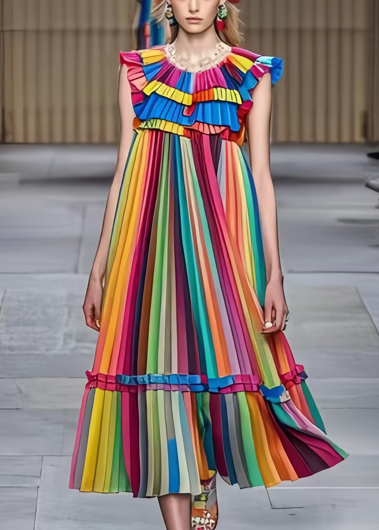 Rainbow Ruffled Striped Chiffon Holiday Pleated Dress Summer