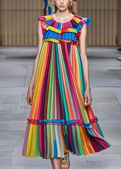 Rainbow Ruffled Striped Chiffon Holiday Pleated Dress Summer