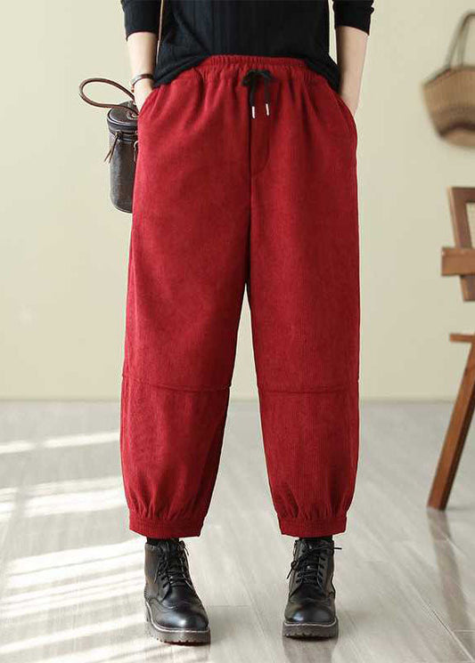 Red Pockets Elastic Waist Corduroy Warm Fleece Pants Spring