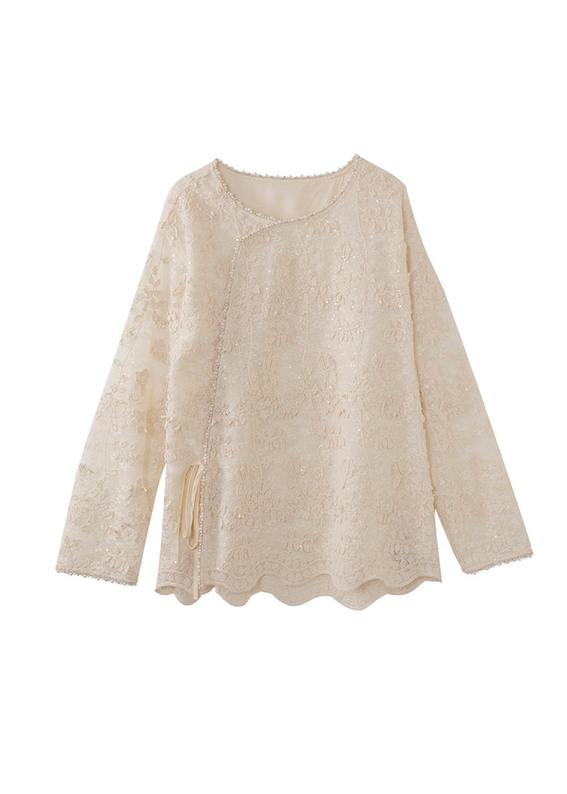 Beige Embroidered Nail Bead Lace Up Chiffon Shirt Spring