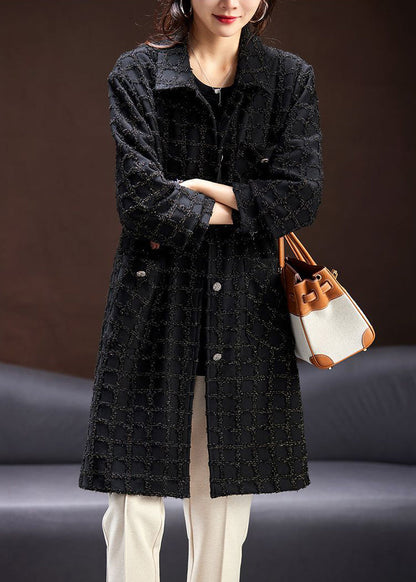 French Black Plaid Button Pockets Cotton Coat Spring