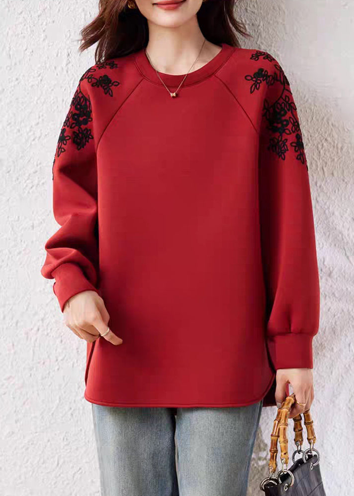 Red O Neck Print Cotton Sweatshirts Fall