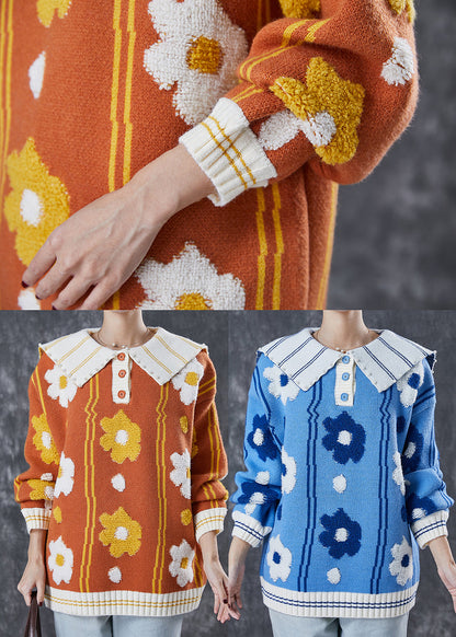 Blue Jacquard Knitted Tops Oversized Pearls Spring