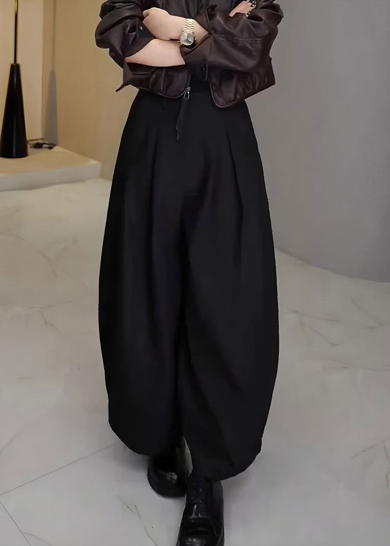 French Black Pockets High Waist Cotton Wide Leg Pants Fall