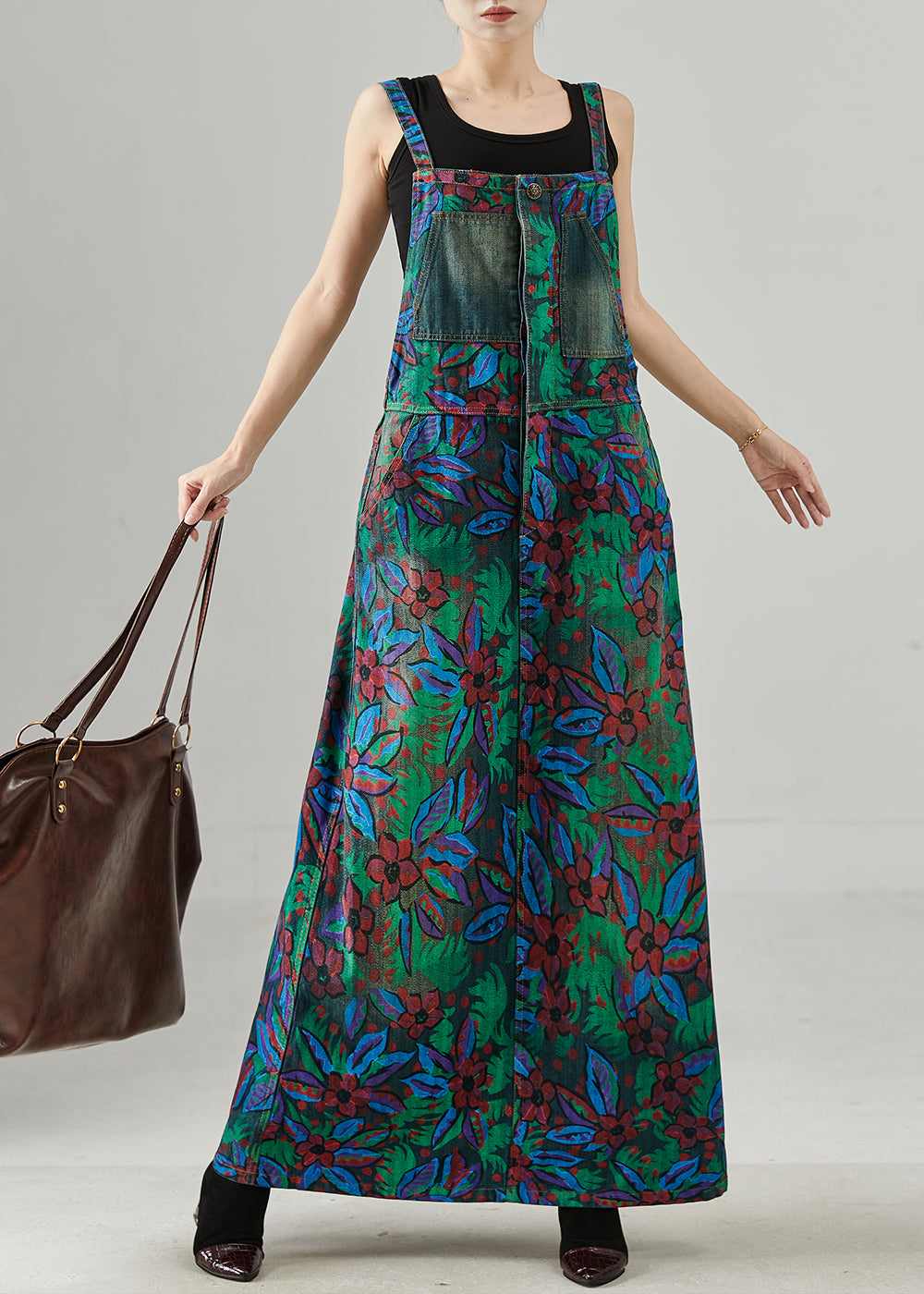 Navy Print Denim Overall Dress Spring