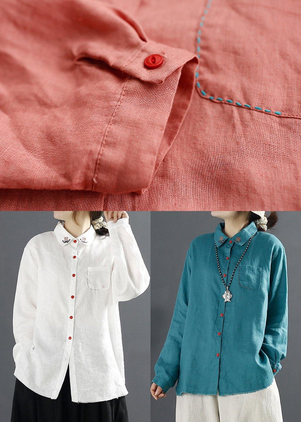 Blue Blouses for Lapel Embroidery Baggy Blouse