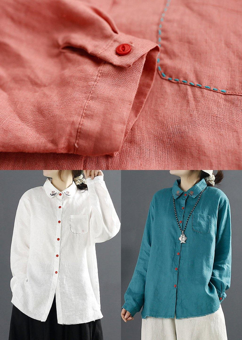 Blue Blouses for Lapel Embroidery Baggy Blouse