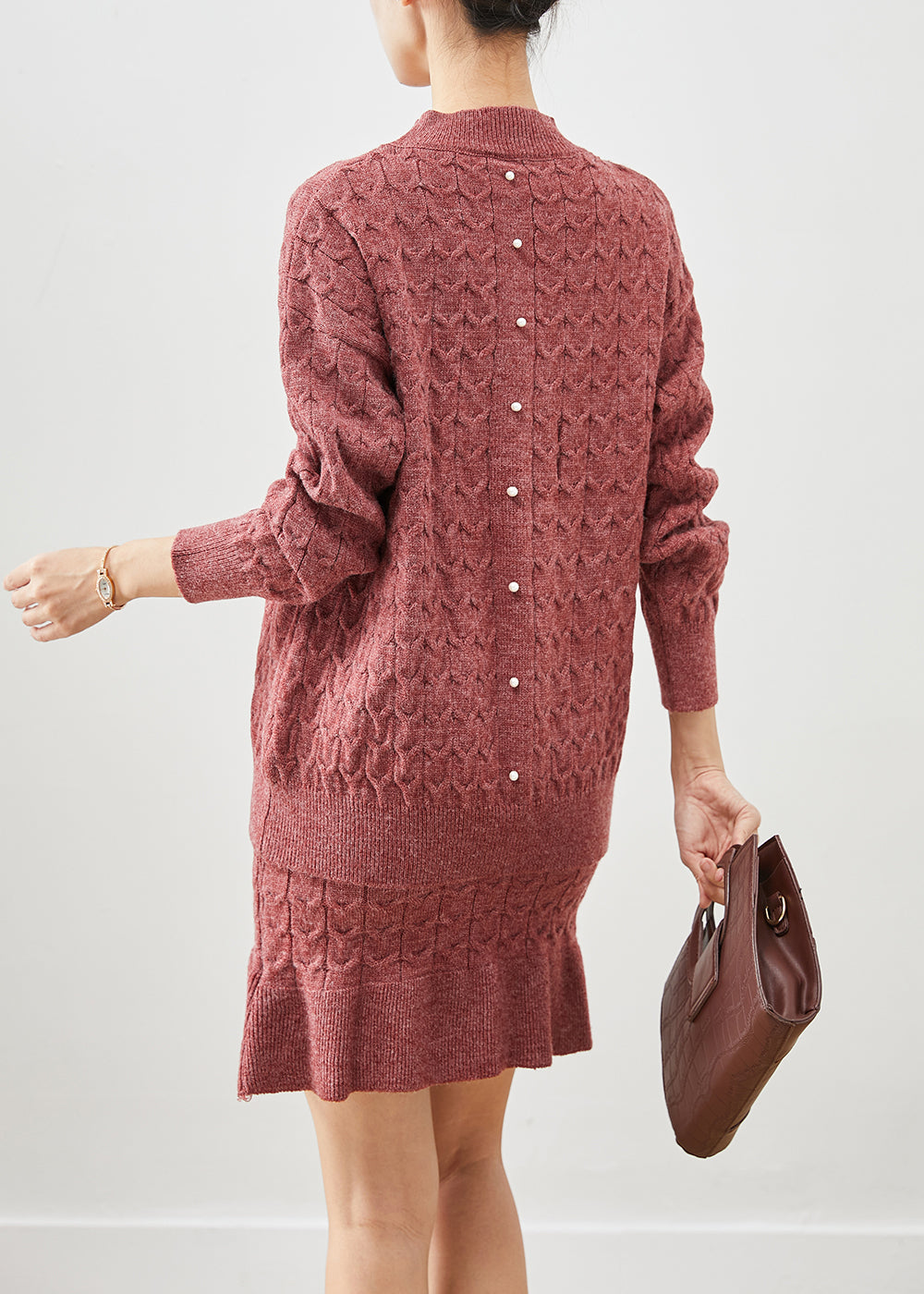 Brick Red Ruffles Knit Two Pieces Set Fall