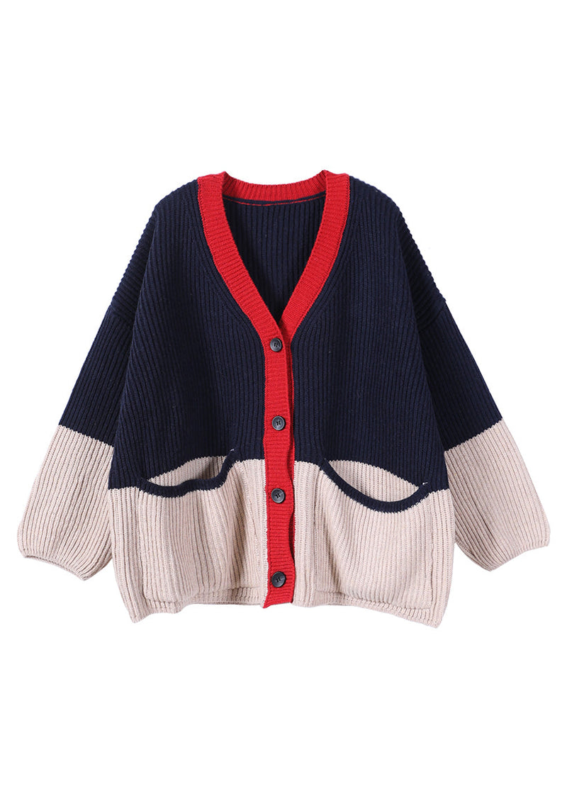 Navy V Neck Patchwork Button Thick Knit Sweaters Coats Fall