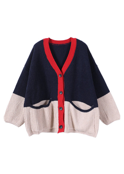 Navy V Neck Patchwork Button Thick Knit Sweaters Coats Fall