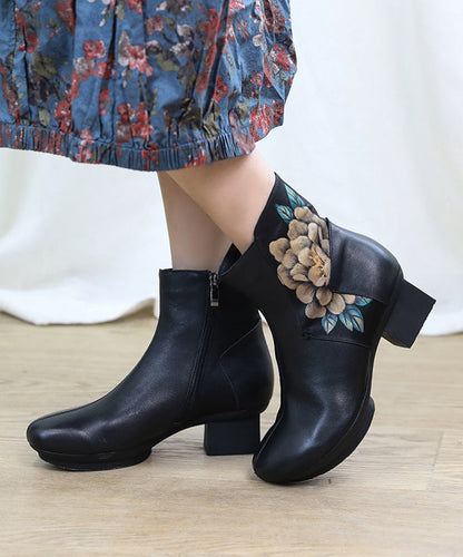 Black Boots Chunky Cowhide Leather Hand Drawn