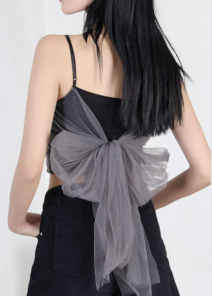Black V Neck Patchwork Tulle Bow Cotton Tanks Summer