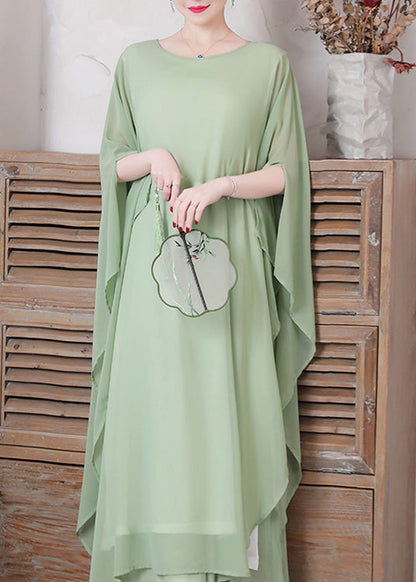 Pea Green Asymmetrical Chiffon Long Dress and Wide Leg Pants Two Pieces Set Spring