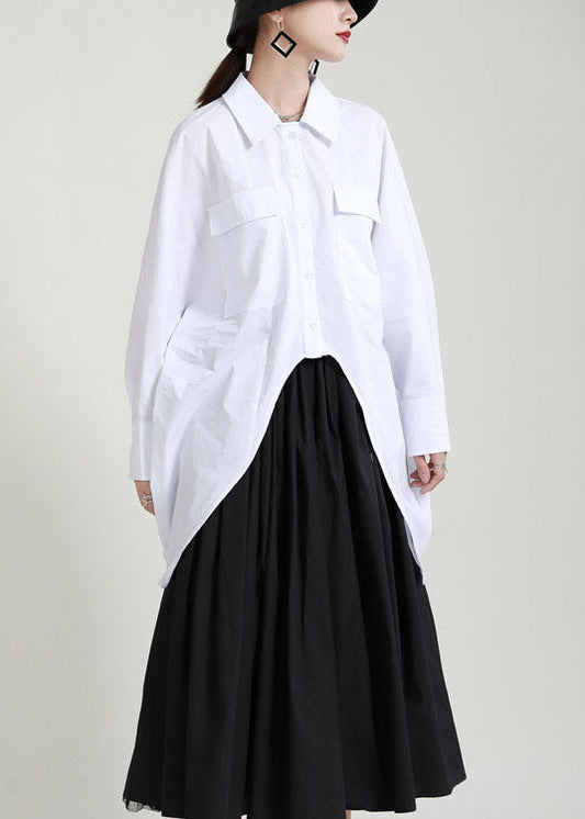 Loose White Button Low High Design Peter Pan Collar Blouses Spring